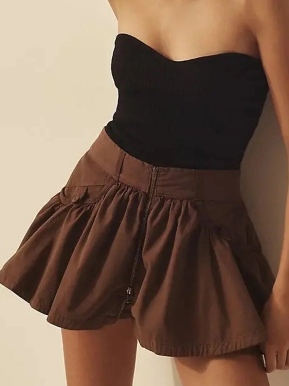 Anthropologie Zippered Bubble Hem Brown Mini Skort Size M